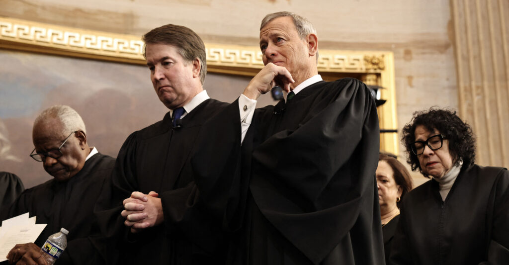 US Associate Supreme Court Justices Clarence Thomas and Brett Kavanaugh, US Supreme Court Chief Justice John Roberts and US Supreme Court Associate Justice Sonia Sotomayor bow their heads during inauguration ceremonies in the Rotunda of the US Capitol on January 20, 2025 in Washington, DC. Donald Trump takes office for his second term as the 47th president of the United States.