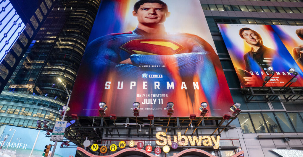 Billboards advertising the new "Superman" film are displayed in Times Square on July 09, 2025 in New York City.