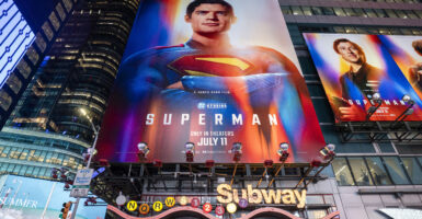 Billboards advertising the new "Superman" film are displayed in Times Square on July 09, 2025 in New York City.
