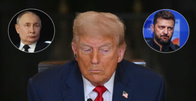 President Donald Trump with Russian President Vladimir Putin (left inset) and Ukrainian President Volodymyr Zelenskyy (right inset)