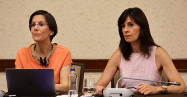 United Nations Special Rapporteur on violence against women, its causes and consequences, Reem Alsalem (L) and UN Human Rights Officer Orlagh McCann (R) address a press conference in Ankara on july 27, 2022 where Alsalem shared preliminary findings from her visit to Turkey and urged the Turkish governement to reconsider its decision of withdrawal from Istanbul Convention, a treaty on preventing and fighting violence against women.