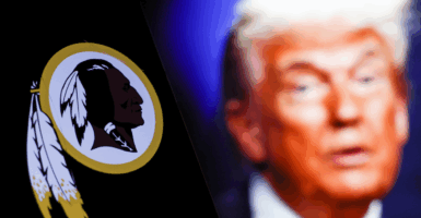 President Donald Trump is juxtaposed against the logo of what were the NFL's Washington Redskins