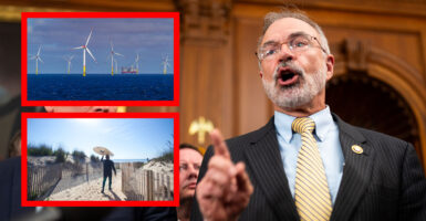 Rep. Andy Harris, R-Md., with inset photos of an offshore windmill farm and a beachgoer carrying a beach chair.