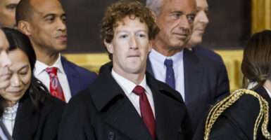 Mark Zuckerberg (C), CEO of Meta, attends the inauguration ceremony where Donald Trump will sworn in as the 47th US President in the US Capitol Rotunda in Washington, DC, on January 20, 2025.