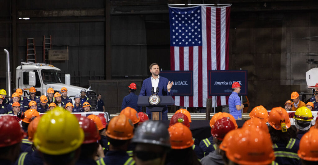 Vice President JD Vance addresses a crowd at a factory in Canton.