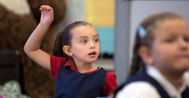 Cute little girl in red blouse over a blue dress raises her hand. Classmate in school uniform, slightly out of focus, in the foreground.