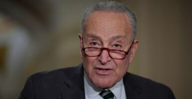 Chuck Schumer stands as he talks to reporters and looks straight ahead.