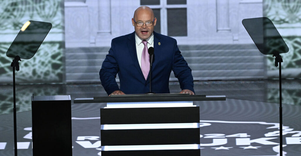 Sean O'Brien, president of the Teamsters union, speaks at the Republican National Convention on July 15, 2024, in Milwaukee, Wis.