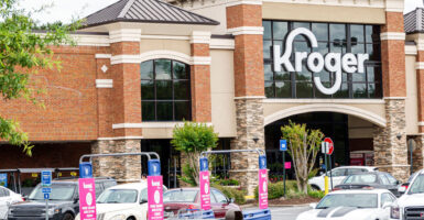 The storefront and parking lot of a Kroger supermarket in Atlanta, Ga.