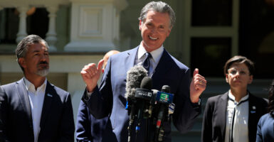 California Governor Gavin Newsom speaks at a news conference with Texas lawmakers at the Governor’s Mansion on July 25 in Sacramento, California.