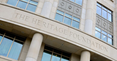 Close-up of Heritage Foundation headquarters, with the name carved into the face of the building.