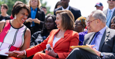 From left, D.C. Mayor Muriel Bowser; Rep. Nancy Pelosi, D-Calif.; and then-Senate Majority Leader Charles Schumer, D-N.Y., attend a gun-control event outside the Capitol on June 8, 2022.