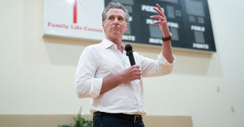 California Gov. Gavin Newsom speaks at a church on July 8 in Cheraw, South Carolina.