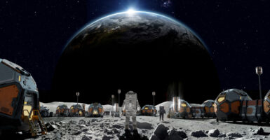 An artist's rendering depicts what a moon base might look like, with linked habitation pods, solar panels, and other equipment, and with Earth looming large on the horizon.