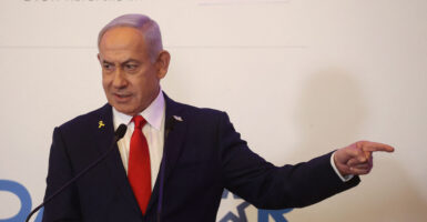 Israeli Prime Minister Benjamin Netanyahu speaks at an event at the Waldorf Astoria Hotel in Jerusalem on July 27.