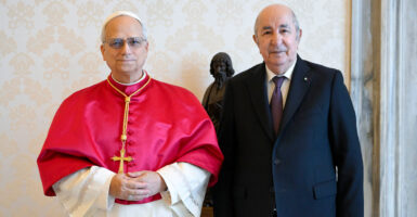 Pope Leo XIV poses with President of Algeria Abdelmagjid Tebboune during an audience at the Apostolic Palace on July 24, 2025 in Vatican City.