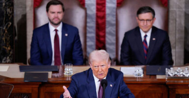 President Donald Trump addresses a joint session of Congress as Vice President JD Vance and Speaker of the House Mike Johnson, R-La., listen in the Capitol on Tuesday, March 04, 2025 in Washington, DC.