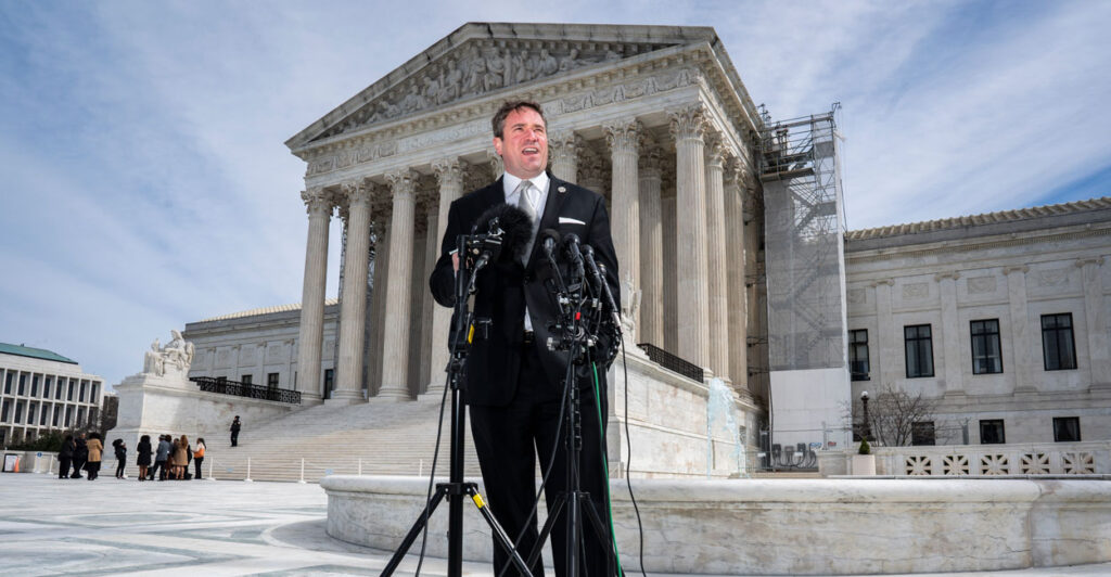 Missouri Attorney General Andrew Bailey speaks with reporters outside the U.S. Supreme Court after justices heard oral arguments in Murthy v. Missouri on March 18, 2024.