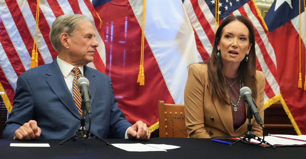 Gov. Greg Abbott listens to U.S Secretary of Agriculture Brooke Rollins speak on plans to fight the New World screwworm at a news conference at the Capitol in Austin, Friday, Aug. 15, 2025.
