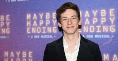 A smiling Andrew Barth Feldman stans in front of purple backing that reads "Maybe Happy Ending: A New Musical."