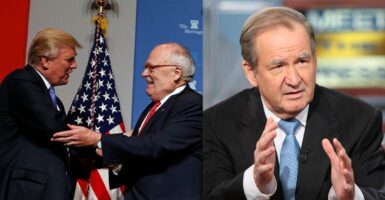 Left: Heritage Foundation founder Ed Feulner greets President Donald Trump during Heritage's President's Club meeting on Oct. 17, 2017, in Washington. (Martin H. Simon /Getty Images) Right: Pat Buchanan speaks during a taping of NBC's "Meet the Press" on Sept. 30, 2007. in Washington. (Alex Wong/Getty Images)