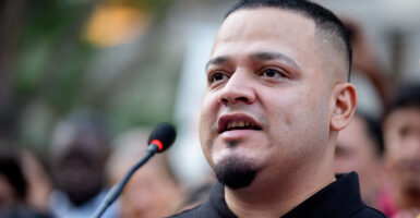 Kilmar Abrego Garcia speaks at a rally and prayer vigil.