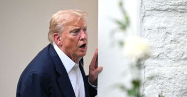 President Donald Trump leans around a white pillar as he speaks to the media.