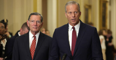 Senate Majority Whip John Barrasso, R-Wyo. (left), and Senate Majority Leader John Thune, R-S.D.
