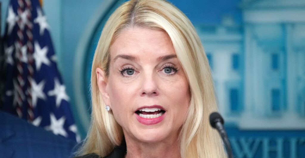 Attorney General Pam Bondi delivers remarks during a press conference in the James S. Brady Press Briefing Room of the White House.