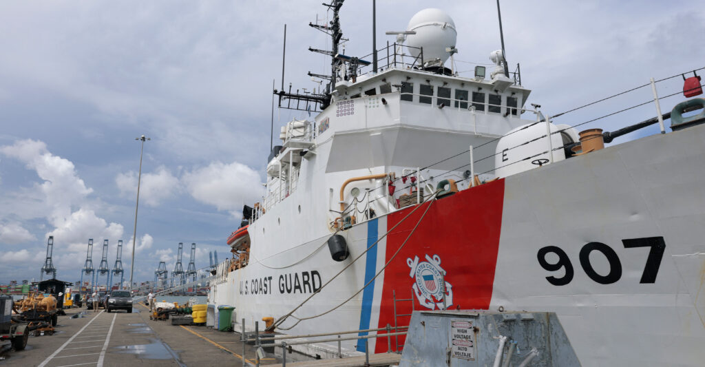 The US Coast Guard Cutter Escanaba is seen as US Homeland Security Secretary Kristi Noem meets with crew and attends a meeting on drug interdiction on June 24, 2025 in Panama City.