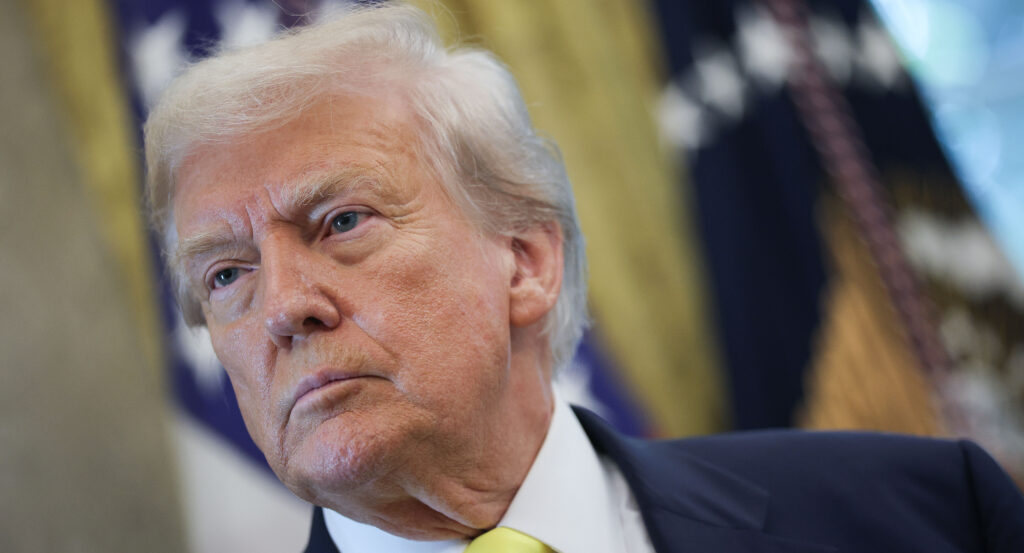 President Trump looks straight into the camera.