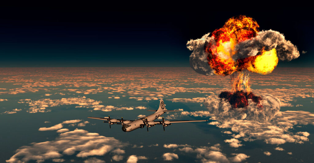 The Enola Gay B-29 Superfortress flying away from the giant mushroom cloud created by the explosion of the atomic bomb dropped over the Japanese city of Hiroshima during World War II.