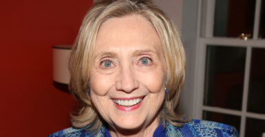 Hillary Clinton poses backstage at the hit play "Purpose" on Broadway at The Hayes Theatre on June 11, 2025 in New York City.