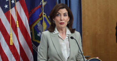 New York governor Kathy Hochul announces to the media at Suffolk County Community College in Brentwood, New York, that $35 million will go toward law enforcement to combat gun violence across the state.