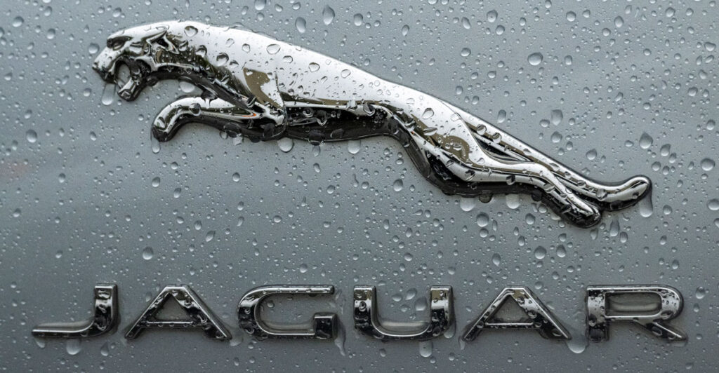 The photo features the logo for the luxury British car brand Jaguar up close, covered in rain drops. The logo has a leaping jaguar above the name "Jaguar."