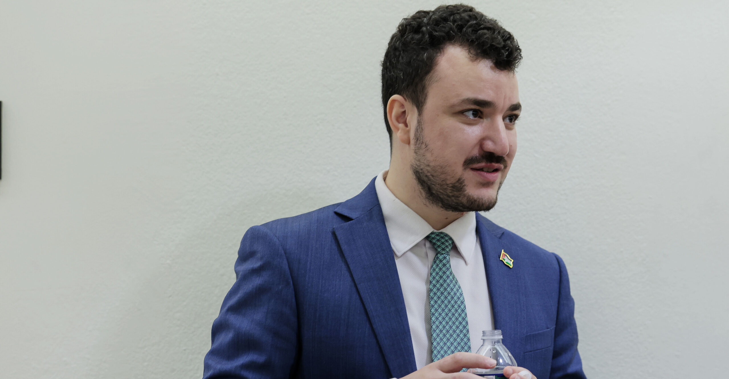 Former Columbia University graduate student and Palestinian activist Mahmoud Khalil waits for an elevator to arrive in the Longworth House Office Building on July 22, 2025 in Washington, DC.