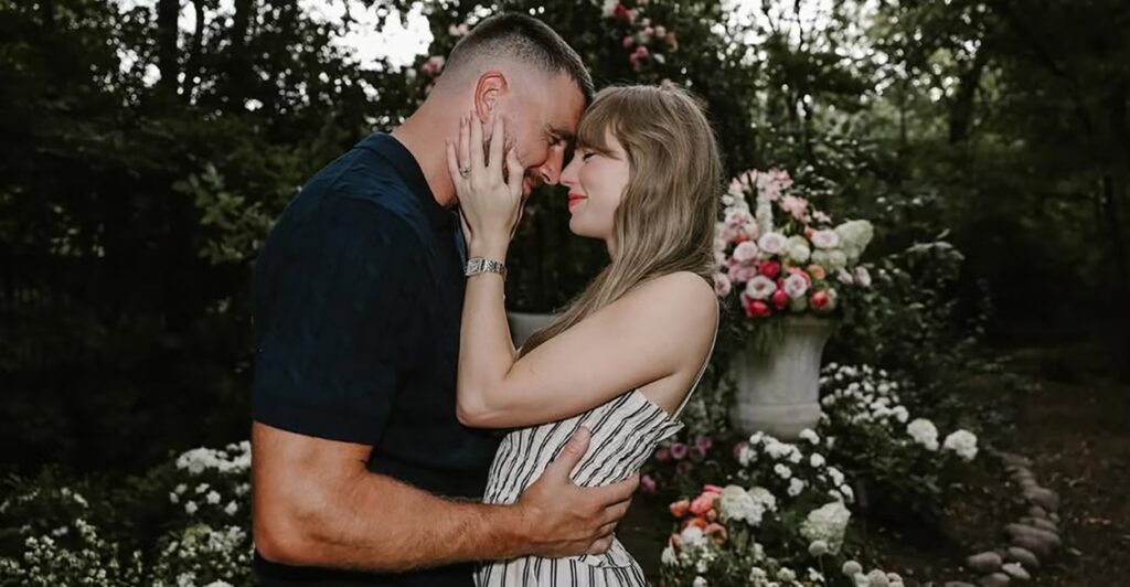 Pop singer Taylor Swift and fiance, NFL star Travis Kelce, embracing