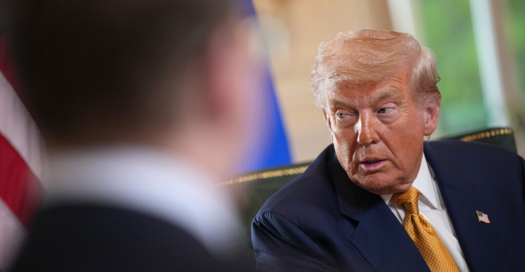 U.S. President Donald Trump announces a trade deal with the EU after a meeting with President of the European Commission Ursula von der Leyen at Trump Turnberry golf club on July 27, 2025 in Turnberry, Scotland. U.S. President Donald Trump is visiting his Trump Turnberry golf course, as well as Trump International Golf Links in Aberdeenshire, during a brief visit to Scotland from July 25 to 29.