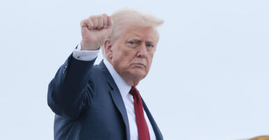 Donald Trump in a suit makes a fist