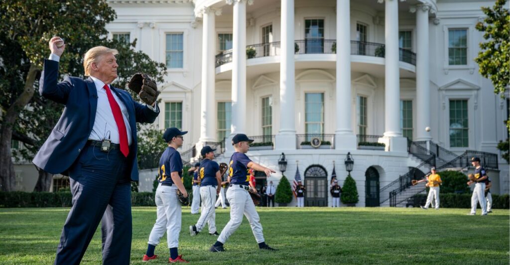 President Trump throws a baseball on the White House lawn, along with a group of Little Leaguers.