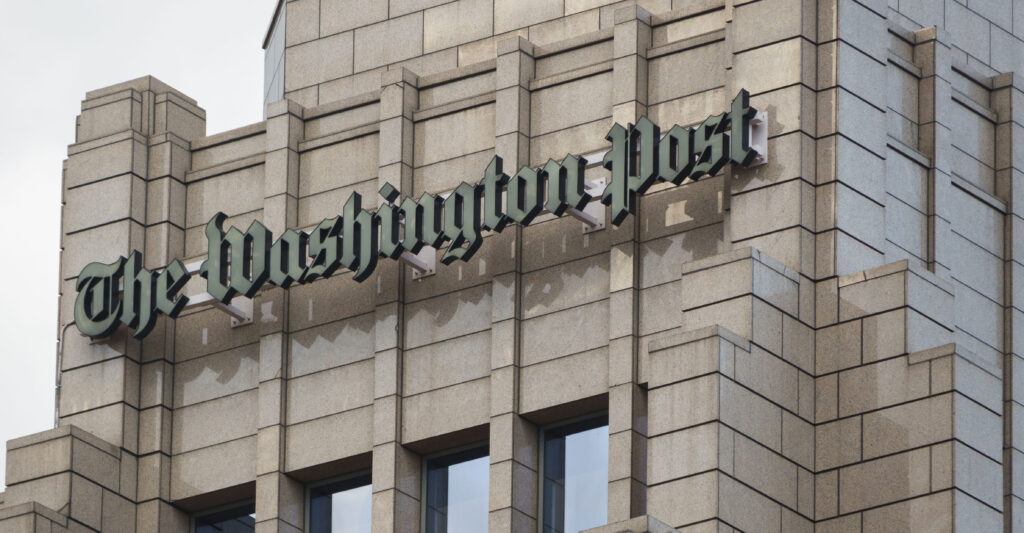 A Washington Post logo is displayed at the newspaper's editorial headquarters on May 17, 2025 in Washington, DC.
