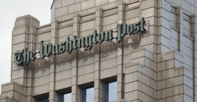 A Washington Post logo is displayed at the newspaper's editorial headquarters on May 17, 2025 in Washington, DC.