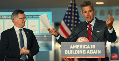 Deputy Transportation Secretary Steve Bradbury (left) and Secretary Sean Duffy hold a press conference at Penn Station in New York City on Wednesday.