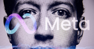 Double exposure photograph of a portrait of Mark Zuckerberg and the Meta Group logo at Kerlouan in Brittany in France on April 11, 2025.