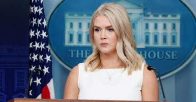 White House press secretary Karoline Leavitt at the lectern during a press briefing