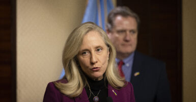 Rep. Abigail Spanberger, member of the House Permanent Select Committee on Intelligence, D-Virginia, speaks during press conference of members of US Congress Delegation on February 9, 2024.
