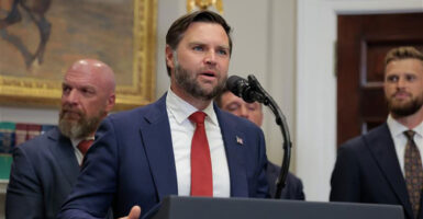 Vice President JD Vance speaks at a podium from the White House.