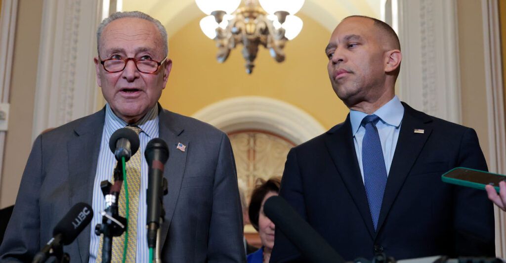 Senate Minority Leader Chuck Schumer (left) and House Minority Leader Hakeem Jeffries, both D-N.Y., speak to reporters at the Capitol on July 22.