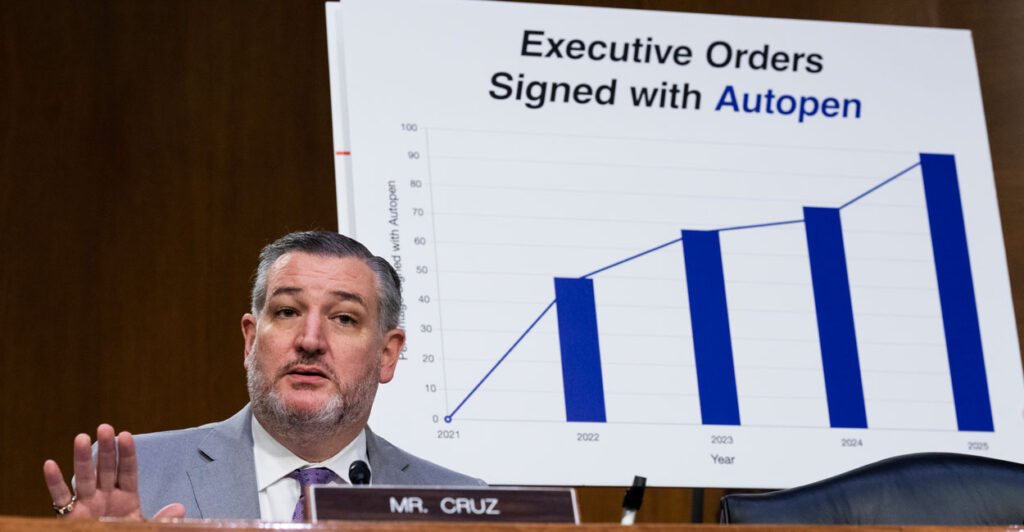Sen. Ted Cruz, R-Texas, speaking at a Senate Judiciary Committee hearing on June 18, was sharply critical of former President Joe Biden's extensive use of autopens to sign documents. A bar chart behind Cruz purports to quantify that usage.