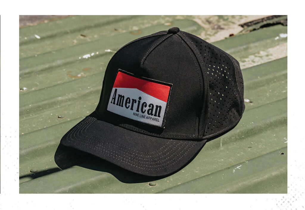 a baseball cap made by Nine Line Apparel sports a red-and-white logo resembling that of Marlboro cigarettes, but with the word "American" on it.